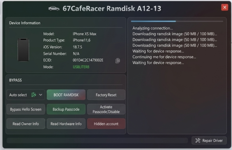 67CafeRacer Ramdisk for A12-A13 CPU Disabled / Passcode Lock Bypass with Signal